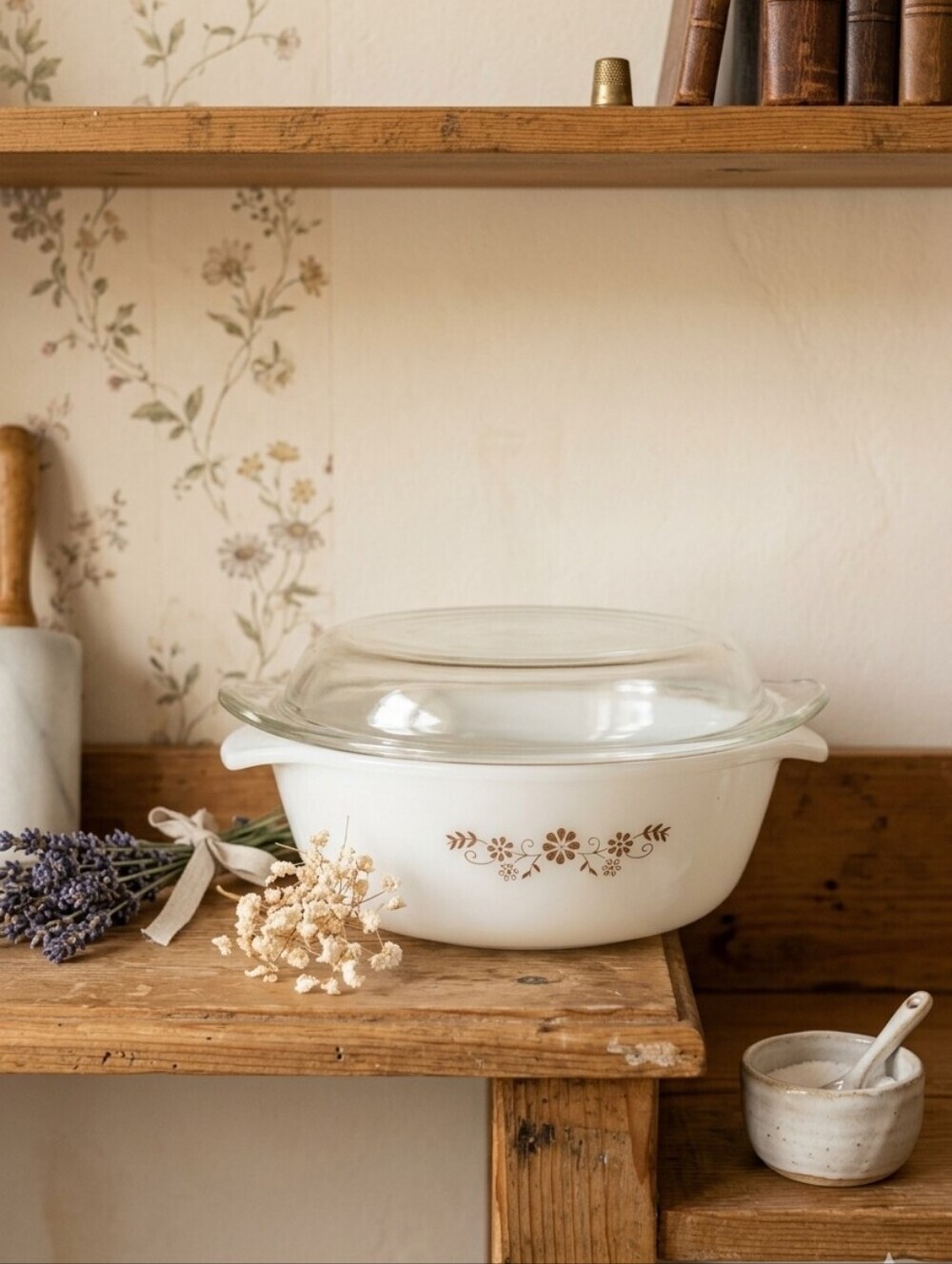 🌼 Vintage Dynaware “Brown Floral” Casserole Dish with Lid — Made in USA